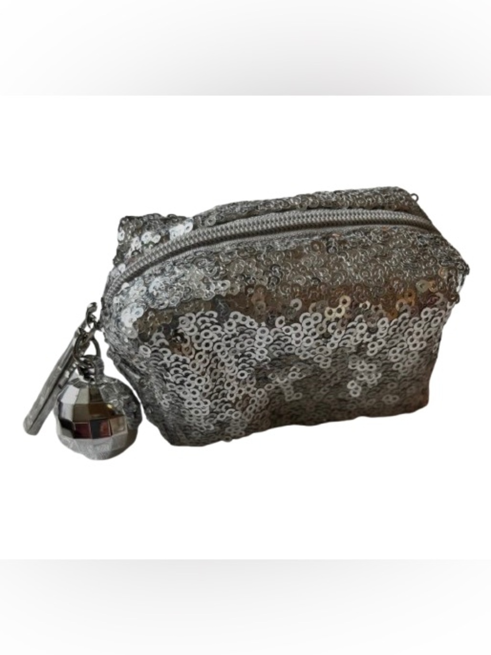 MAC Cosmetics Silver Sequin Cosmetic Pouch with Disco Ball Charm